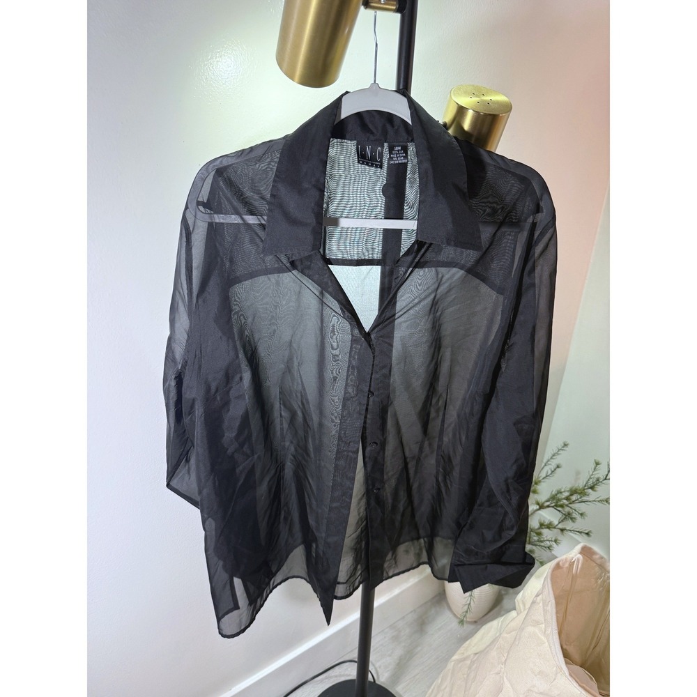 INC sheer boxy loose fit Black 100% Silk quality fabrics Button Down Blouse 18W